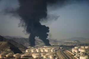 Plumes of smoke rise from an oil facility in Fujairah, United Arab Emirates. (Photo: AP)