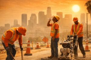Construction workers brave the heat in Los Angeles as the city records its highest March temperatures in over a century. (Photo: AI-generated image)