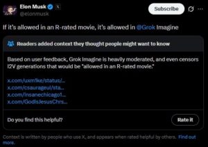 Elon Musk clarifies Grok can create R-rated content.