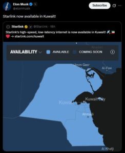 Elon Musk announced Starlink's Kuwait launch on X.