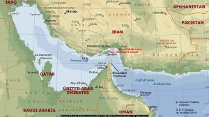 Map of Lower Persian Gulf and Hormozgan Province with Hormuz Island circled in red. (Base map courtesy Microsoft Encarta. All modifications K. E. Eduljee 2010 | Source: heritageinstitute.com)