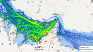 A satellite view of the Strait of Hormuz where a massive tanker jam has formed due to intense GPS jamming. (Photo: marinevesseltraffic.com)
