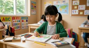 A young primary school student immersed in creative learning, drawing with crayons and developing early understanding through hands-on classroom activities. (Photo: AI Generated)
