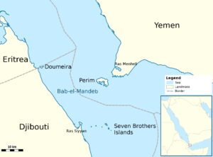 A map, not to exact scale, showing the Bab-el-Mandeb or Bab al-Mandab. (Wiki/OpenStreetMap)