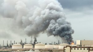 Smoke rises following a strike on the Bapco Oil Refinery in Bahrain (Reuters)