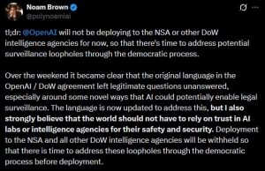 Noam Brown clarifies that OpenAI will not deploy its AI systems for DoD agencies yet.