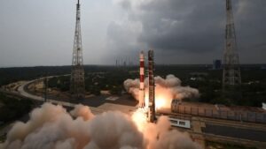 The S139 booster separates from the PSLV around 110 seconds after launch and falls back to Earth, with some heavier parts surviving re-entry and splashing into the ocean. (Photo: Isro)