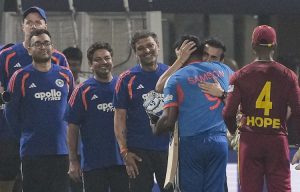 Gautam Gambhir and Sanju Samson after India's 5-wicket win over the West Indies (PTI Photo)