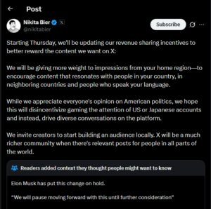 Nikita Bier announced changes to X's revenue sharing incentives