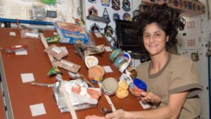 Sunita Williams displays the meal she prepared on the International Space Station. (Photo: Nasa)