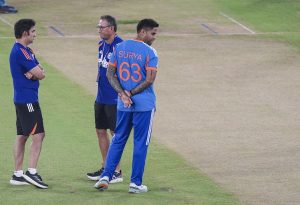 Gautam Gambhir, Ajit Agarkar and Suryakumar Yadav inspect the Narendra Modi Stadium pitch on the eve of the T20 World Cup final (PTI Photo)