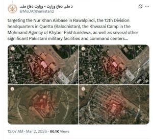According to the official X account of Afghanistan’s Ministry of National Defense, Taliban forces carried out drone strikes on 12th division headquarters in Quetta, and other Pakistani military locations in Khyber Pakhtunkhwa.