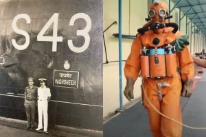 A young Dr Tarun Sahni (left, in army uniform) pictured alongside a fellow officer aboard INS Vaghsheer (S43), shortly before he transferred to the Navy and joined the submarine service; Dr Sahni in a full escape suit during a crew escape drill (right). (Photo: Special arrangement/Surgeon Commander Dr Tarun Sahni (Retd))