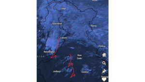In this weather map, red arrows indicate the movement of a western disturbance sweeping southeastward from Pakistan into northwestern India, with moisture-laden winds tracking toward New Delhi, Haryana, and Rajasthan. The system is expected to bring long-awaited rain and thunderstorms to Delhi-NCR, Haryana, and western Uttar Pradesh, with temperatures likely to fall by 3 to 7 degrees Celsius. (Photo: X/@navdeepdahiya55)