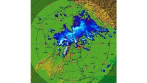 This image shows an intense thunderstorm bearing down on Delhi-NCR, with orange lines indicating the heaviest precipitation moving toward Gurgaon, Noida, and Ghaziabad. (Photo: X/@navdeepdahiya55)