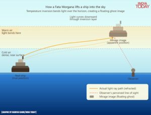 Light does not always travel in a straight line. In a temperature inversion, it curves through air layers like a lens, reaching observers far beyond the horizon and creating the ghost image of a floating vessel. (Graphic: Radifah Kabir/India Today)