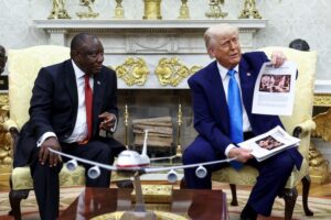 Trump ambushed Ramaphosa with news clippings and a video to back his claim that South Africa is committing genocide against South African farmers. (Photo: Reuters)