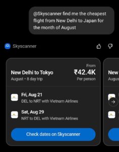 Skyscanner app inside ChatGPT