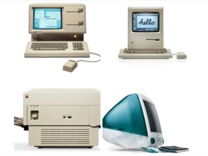 (Clockwise from top left: Apple Lisa (1985), Apple Macintosh (1984), the Apple LaserWriter (1985) and the jewel-toned iMac (1998).
