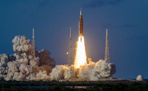 In this image posted on April 2, 2026, NASA's Space Launch System (SLS) rocket carrying the Orion spacecraft lifts off on the Artemis II mission from the Kennedy Space Center, in Cape Canaveral, Florida. (@nasahqphoto/X via PTI Photo)