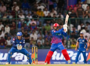 Delhi Capitals' Sameer Rizvi plays a shot against Mumbai Indians in IPL 2026.