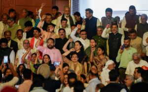 NDA MPs, including Kamaljeet Sehrawat and Kangana Ranaut, raise slogans during a protest in Parliament (PTI)