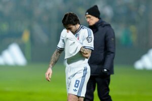 Italian midfielder Sandro Tonali was seen crying as his team faltered against Bosnia in the FIFA World Cup qualifier. (REUTERS)