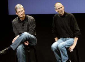 Tim Cook (left) and Steve Jobs during a meeting at Apple in Cupertino, California, on 16 July 2010.