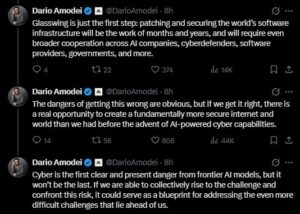 Dario Amodei explained the reason for Project Glasswing on X.