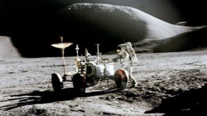Apollo 15 astronaut James Irwin works beside the Lunar Roving Vehicle at the Hadley-Apennine landing site, 1971. (Photo: Nasa)