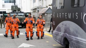 The four Artemis II astronauts, Reid Wiseman, Victor Glover, Christina Koch, and Jeremy Hansen, walk out ahead of their mission, the first crewed journey beyond low-Earth orbit since Apollo 17. (Photo: Nasa)