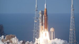 The Artemis-II Space Launch System rocket powers through the atmosphere after a perfect launch. (Photo: Nasa)