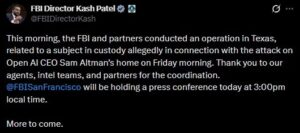 FBI's Kash Patel wrote on X.