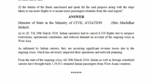 Etela Rajender, the Bharatiya Janata Party (BJP) Member of Parliament from Telangana's Malkajgiri Lok Sabha constituency, had sought to know the details of disruptions of airlines to and from the UAE, Dubai and other West Asian countries in view of the ongoing war in West Asia, among other things