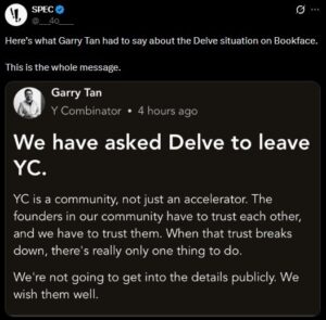 Garry Tan shared the update on Bookface, a platform used by the YC community.