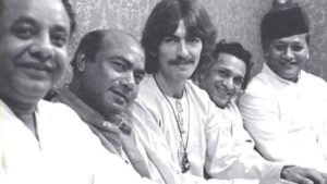 From left to right: Ustad Allah Rakha Khan, Ustad Ali Akbar Khan, George Harrison, Pandit Ravi Shankar, and Ustad Bismillah Khan, five legends of their craft, captured together in a single frame. (Photo: X)