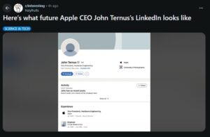 John Ternus' LinkedIn profile likely did not have a profile picture till a few hours ago.