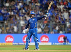 Ryan Rickelton celebrates his hundred. (AP Photo)