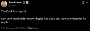 Sam Altman's tweet on Tim Cook's announcement.