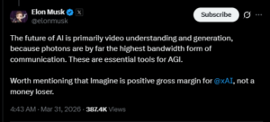 Elon Musk said that xAI’s “Imagine” feature earns more money than it costs to run. (Photo: X/@elonmusk)