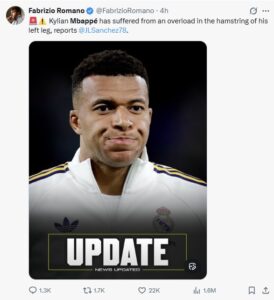 Sports journalist Fabrizio Romano provides an update on Kylian Mbappe injury (Screen grab from X)