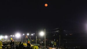 Prayagraj: Full moon rises above the banks of Sangam, as seen on the occasion of 'Buddha Purnima' festival, in Prayagraj, Friday, May 1, 2026. (PTI Photo)