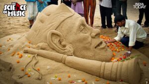 A sand sculpture of Ustad Bismillah Khan with his